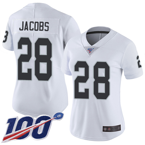 Nike Raiders #28 Josh Jacobs White Women's Stitched NFL 100th Season Vapor Limited Jersey Nike Raiders #28 Josh Jacobs White Women's Stitched NFL 100th Season Vapor Limited Jersey