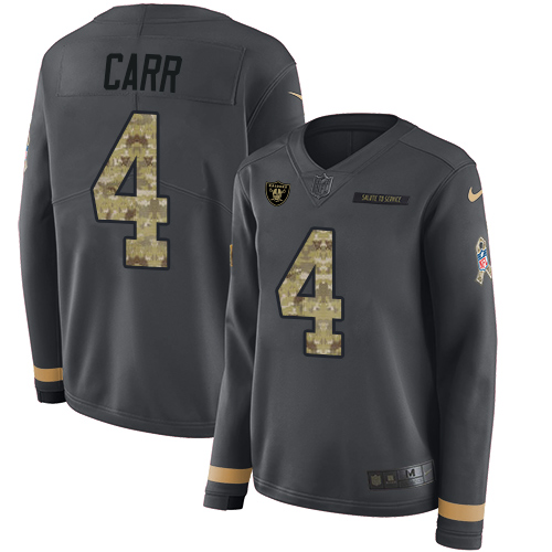 Nike Raiders #4 Derek Carr Anthracite Salute to Service Women's Stitched NFL Limited Therma Long Sleeve Jersey Nike Raiders #4 Derek Carr Anthracite Salute to Service Women's Stitched NFL Limited Therma Long Sleeve Jersey