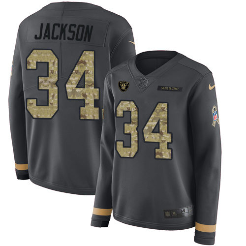 Nike Raiders #34 Bo Jackson Anthracite Salute to Service Women's Stitched NFL Limited Therma Long Sleeve Jersey Nike Raiders #34 Bo Jackson Anthracite Salute to Service Women's Stitched NFL Limited Therma Long Sleeve Jersey