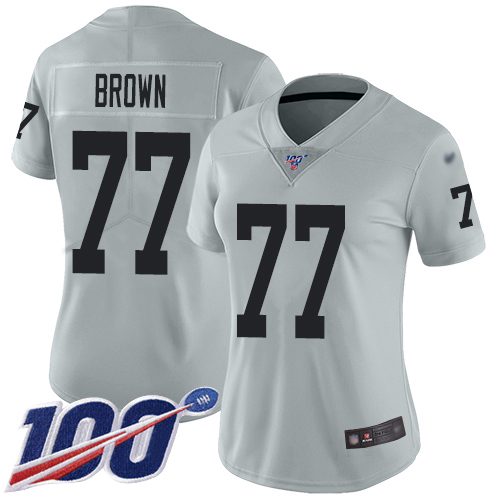 Nike Raiders #77 Trent Brown Silver Women's Stitched NFL Limited Inverted Legend 100th Season Jersey Nike Raiders #77 Trent Brown Silver Women's Stitched NFL Limited Inverted Legend 100th Season Jersey