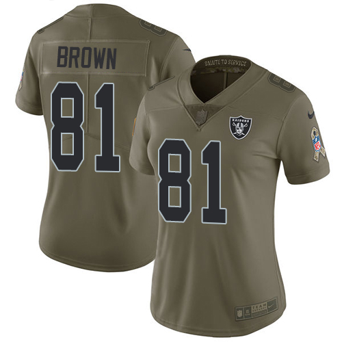 Nike Raiders #81 Tim Brown Olive Women's Stitched NFL Limited 2017 Salute to Service Jersey Nike Raiders #81 Tim Brown Olive Women's Stitched NFL Limited 2017 Salute to Service Jersey