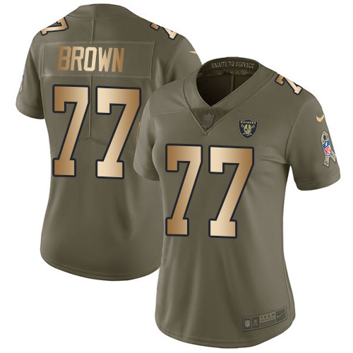 Nike Raiders #77 Trent Brown Olive/Gold Women's Stitched NFL Limited 2017 Salute To Service Jersey Nike Raiders #77 Trent Brown Olive/Gold Women's Stitched NFL Limited 2017 Salute To Service Jersey