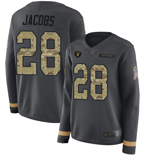 Nike Raiders #28 Josh Jacobs Anthracite Salute to Service Women's Stitched NFL Limited Therma Long Sleeve Jersey Nike Raiders #28 Josh Jacobs Anthracite Salute to Service Women's Stitched NFL Limited Therma Long Sleeve Jersey