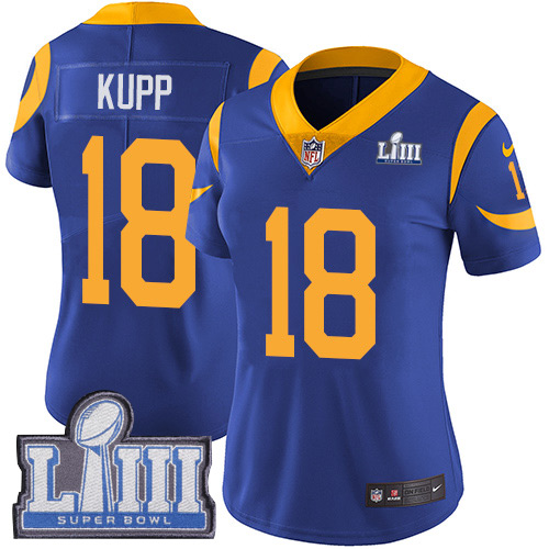 Nike Rams #18 Cooper Kupp Royal Blue Alternate Super Bowl LIII Bound Women's Stitched NFL Vapor Untouchable Limited Jersey Nike Rams #18 Cooper Kupp Royal Blue Alternate Super Bowl LIII Bound Women's Stitched NFL Vapor Untouchable Limited Jersey