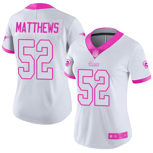 Nike Rams #52 Clay Matthews White/Pink Women's Stitched NFL Limited Rush Fashion Jersey Nike Rams #52 Clay Matthews White/Pink Women's Stitched NFL Limited Rush Fashion Jersey