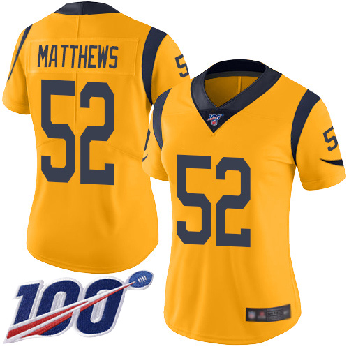Nike Rams #52 Clay Matthews Gold Women's Stitched NFL Limited Rush 100th Season Jersey Nike Rams #52 Clay Matthews Gold Women's Stitched NFL Limited Rush 100th Season Jersey