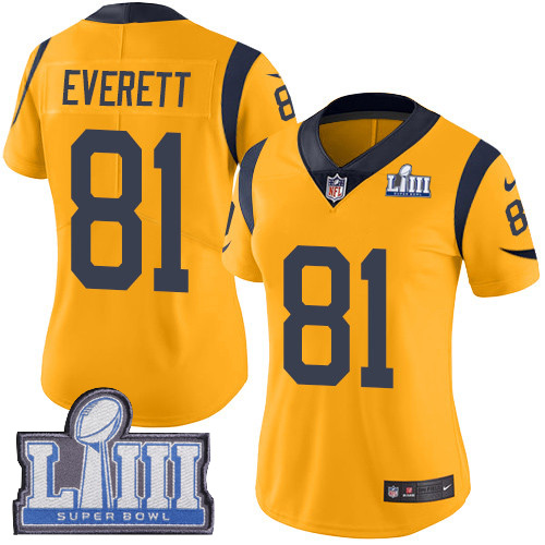 Nike Rams #81 Gerald Everett Gold Super Bowl LIII Bound Women's Stitched NFL Limited Rush Jersey Nike Rams #81 Gerald Everett Gold Super Bowl LIII Bound Women's Stitched NFL Limited Rush Jersey