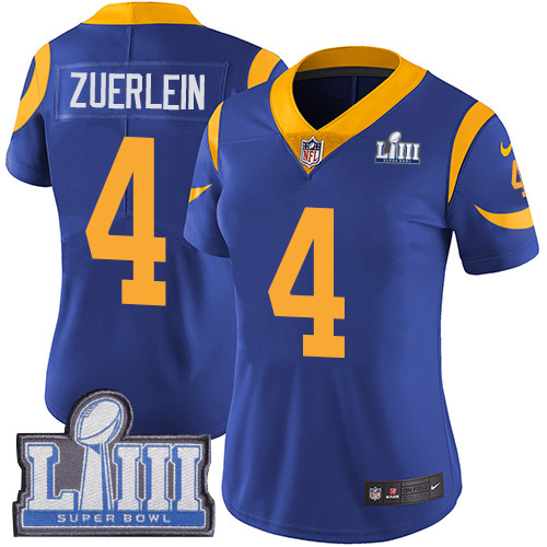 Nike Rams #4 Greg Zuerlein Royal Blue Alternate Super Bowl LIII Bound Women's Stitched NFL Vapor Untouchable Limited Jersey Nike Rams #4 Greg Zuerlein Royal Blue Alternate Super Bowl LIII Bound Women's Stitched NFL Vapor Untouchable Limited Jersey