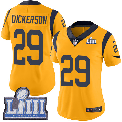 Nike Rams #29 Eric Dickerson Gold Super Bowl LIII Bound Women's Stitched NFL Limited Rush Jersey Nike Rams #29 Eric Dickerson Gold Super Bowl LIII Bound Women's Stitched NFL Limited Rush Jersey