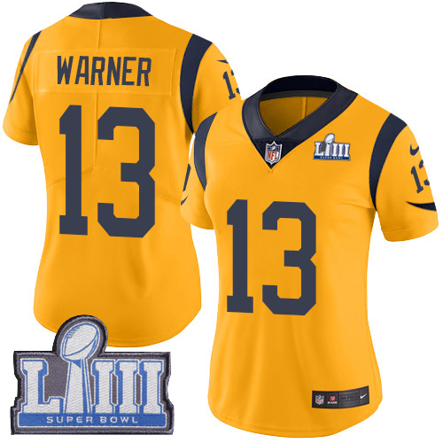 Nike Rams #13 Kurt Warner Gold Super Bowl LIII Bound Women's Stitched NFL Limited Rush Jersey Nike Rams #13 Kurt Warner Gold Super Bowl LIII Bound Women's Stitched NFL Limited Rush Jersey