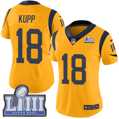 Nike Rams #18 Cooper Kupp Gold Super Bowl LIII Bound Women's Stitched NFL Limited Rush Jersey Nike Rams #18 Cooper Kupp Gold Super Bowl LIII Bound Women's Stitched NFL Limited Rush Jersey