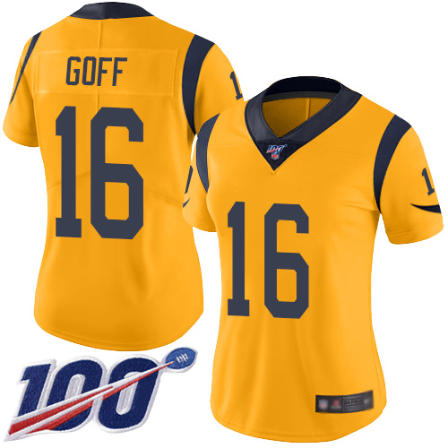 Nike Rams #16 Jared Goff Gold Women's Stitched NFL Limited Rush 100th Season Jersey Nike Rams #16 Jared Goff Gold Women's Stitched NFL Limited Rush 100th Season Jersey
