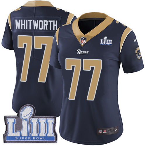 Nike Rams #77 Andrew Whitworth Navy Blue Team Color Super Bowl LIII Bound Women's Stitched NFL Vapor Untouchable Limited Jersey Nike Rams #77 Andrew Whitworth Navy Blue Team Color Super Bowl LIII Bound Women's Stitched NFL Vapor Untouchable Limited Jersey