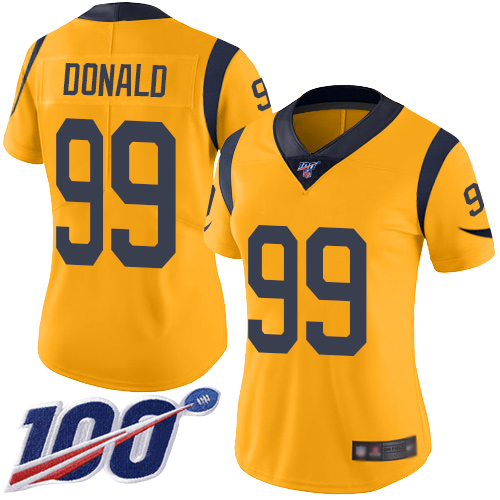 Nike Rams #99 Aaron Donald Gold Women's Stitched NFL Limited Rush 100th Season Jersey Nike Rams #99 Aaron Donald Gold Women's Stitched NFL Limited Rush 100th Season Jersey