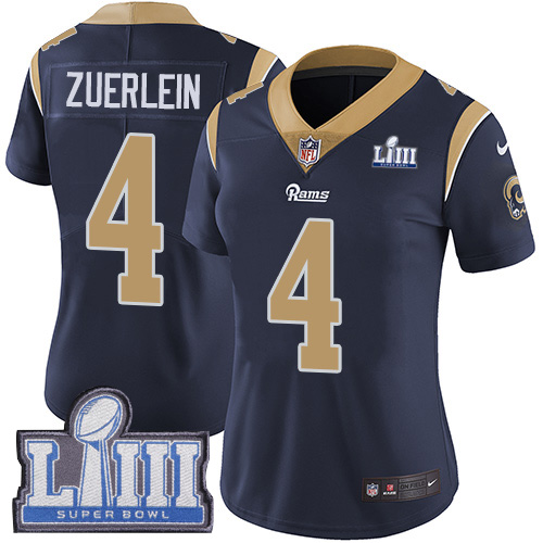Nike Rams #4 Greg Zuerlein Navy Blue Team Color Super Bowl LIII Bound Women's Stitched NFL Vapor Untouchable Limited Jersey Nike Rams #4 Greg Zuerlein Navy Blue Team Color Super Bowl LIII Bound Women's Stitched NFL Vapor Untouchable Limited Jersey