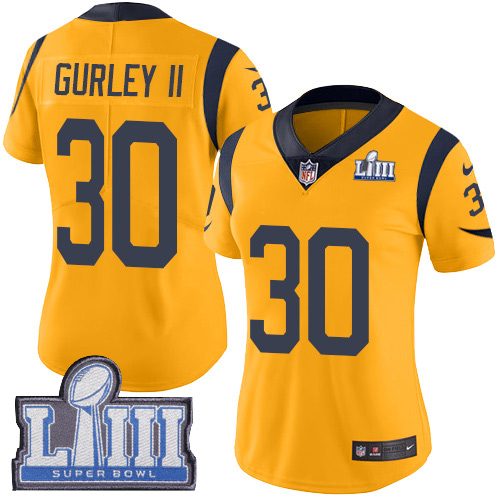 Nike Rams #30 Todd Gurley II Gold Super Bowl LIII Bound Women's Stitched NFL Limited Rush Jersey Nike Rams #30 Todd Gurley II Gold Super Bowl LIII Bound Women's Stitched NFL Limited Rush Jersey