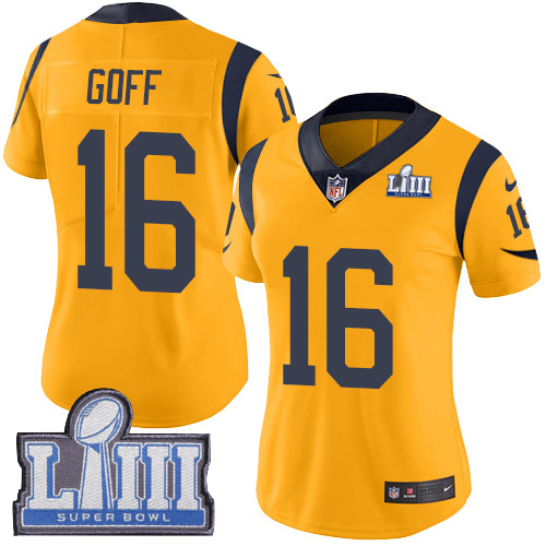 Nike Rams #16 Jared Goff Gold Super Bowl LIII Bound Women's Stitched NFL Limited Rush Jersey Nike Rams #16 Jared Goff Gold Super Bowl LIII Bound Women's Stitched NFL Limited Rush Jersey