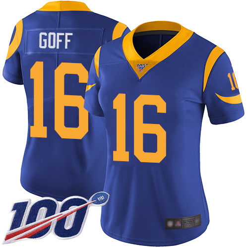 Nike Rams #16 Jared Goff Royal Blue Alternate Women's Stitched NFL 100th Season Vapor Limited Jersey Nike Rams #16 Jared Goff Royal Blue Alternate Women's Stitched NFL 100th Season Vapor Limited Jersey