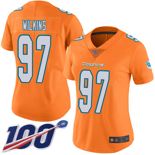 Nike Dolphins #97 Christian Wilkins Orange Women's Stitched NFL Limited Rush 100th Season Jersey Nike Dolphins #97 Christian Wilkins Orange Women's Stitched NFL Limited Rush 100th Season Jersey
