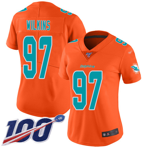 Nike Dolphins #97 Christian Wilkins Orange Women's Stitched NFL Limited Inverted Legend 100th Season Jersey Nike Dolphins #97 Christian Wilkins Orange Women's Stitched NFL Limited Inverted Legend 100th Season Jersey