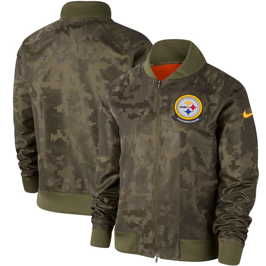 Women's Pittsburgh Steelers Nike Olive 2019 Salute to Service Full-Zip Bomber Jacket Women's Pittsburgh Steelers Nike Olive 2019 Salute to Service Full-Zip Bomber Jacket
