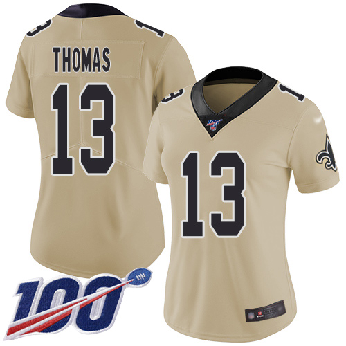 Nike Saints #13 Michael Thomas Gold Women's Stitched NFL Limited Inverted Legend 100th Season Jersey Nike Saints #13 Michael Thomas Gold Women's Stitched NFL Limited Inverted Legend 100th Season Jersey