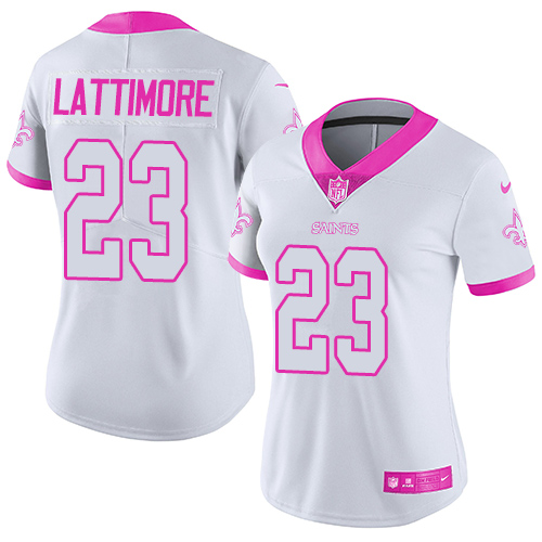 Nike Saints #23 Marshon Lattimore White/Pink Women's Stitched NFL Limited Rush Fashion Jersey Nike Saints #23 Marshon Lattimore White/Pink Women's Stitched NFL Limited Rush Fashion Jersey