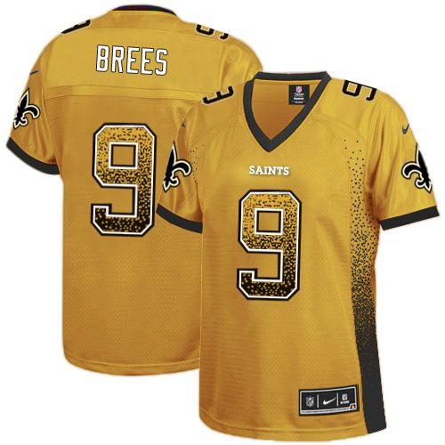 Nike Saints #9 Drew Brees Gold Women's Stitched NFL Elite Drift Fashion Jersey Nike Saints #9 Drew Brees Gold Women's Stitched NFL Elite Drift Fashion Jersey