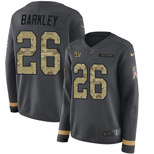 Nike Giants #26 Saquon Barkley Anthracite Salute to Service Women's Stitched NFL Limited Therma Long Sleeve Jersey Nike Giants #26 Saquon Barkley Anthracite Salute to Service Women's Stitched NFL Limited Therma Long Sleeve Jersey
