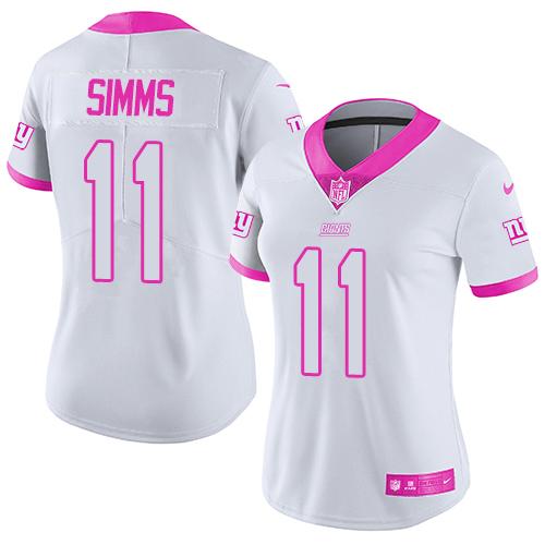 Nike Giants #11 Phil Simms White/Pink Women's Stitched NFL Limited Rush Fashion Jersey Nike Giants #11 Phil Simms White/Pink Women's Stitched NFL Limited Rush Fashion Jersey