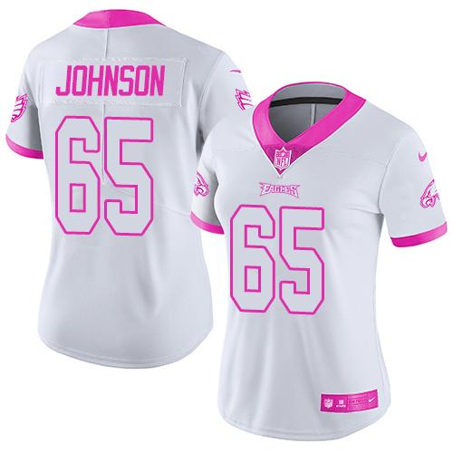 Nike Eagles #65 Lane Johnson White/Pink Women's Stitched NFL Limited Rush Fashion Jersey Nike Eagles #65 Lane Johnson White/Pink Women's Stitched NFL Limited Rush Fashion Jersey