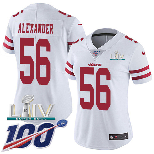 Nike 49ers #56 Kwon Alexander White Super Bowl LIV 2020 Women's Stitched NFL 100th Season Vapor Limited Jersey Nike 49ers #56 Kwon Alexander White Super Bowl LIV 2020 Women's Stitched NFL 100th Season Vapor Limited Jersey