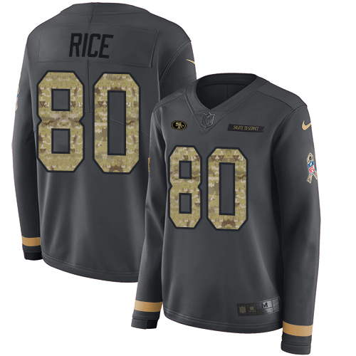 Nike 49ers #80 Jerry Rice Anthracite Salute to Service Women's Stitched NFL Limited Therma Long Sleeve Jersey Nike 49ers #80 Jerry Rice Anthracite Salute to Service Women's Stitched NFL Limited Therma Long Sleeve Jersey