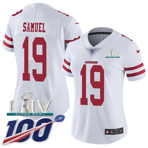 Nike 49ers #19 Deebo Samuel White Super Bowl LIV 2020 Women's Stitched NFL 100th Season Vapor Limited Jersey Nike 49ers #19 Deebo Samuel White Super Bowl LIV 2020 Women's Stitched NFL 100th Season Vapor Limited Jersey