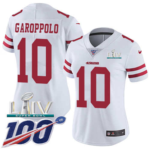 Nike 49ers #10 Jimmy Garoppolo White Super Bowl LIV 2020 Women's Stitched NFL 100th Season Vapor Limited Jersey Nike 49ers #10 Jimmy Garoppolo White Super Bowl LIV 2020 Women's Stitched NFL 100th Season Vapor Limited Jersey