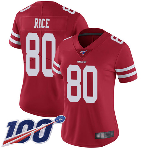 Nike 49ers #80 Jerry Rice Red Team Color Women's Stitched NFL 100th Season Vapor Limited Jersey Nike 49ers #80 Jerry Rice Red Team Color Women's Stitched NFL 100th Season Vapor Limited Jersey