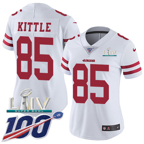 Nike 49ers #85 George Kittle White Super Bowl LIV 2020 Women's Stitched NFL 100th Season Vapor Limited Jersey Nike 49ers #85 George Kittle White Super Bowl LIV 2020 Women's Stitched NFL 100th Season Vapor Limited Jersey