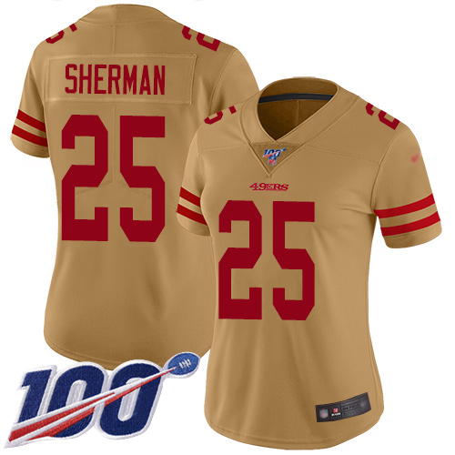 Nike 49ers #25 Richard Sherman Gold Women's Stitched NFL Limited Inverted Legend 100th Season Jersey Nike 49ers #25 Richard Sherman Gold Women's Stitched NFL Limited Inverted Legend 100th Season Jersey