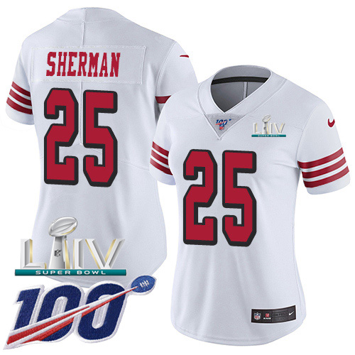 Nike 49ers #25 Richard Sherman White Super Bowl LIV 2020 Rush Women's Stitched NFL Limited 100th Season Jersey Nike 49ers #25 Richard Sherman White Super Bowl LIV 2020 Rush Women's Stitched NFL Limited 100th Season Jersey