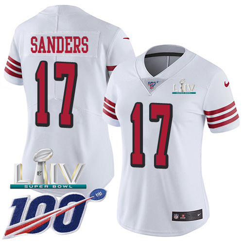 Nike 49ers #17 Emmanuel Sanders White Super Bowl LIV 2020 Rush Women's Stitched NFL Limited 100th Season Jersey Nike 49ers #17 Emmanuel Sanders White Super Bowl LIV 2020 Rush Women's Stitched NFL Limited 100th Season Jersey
