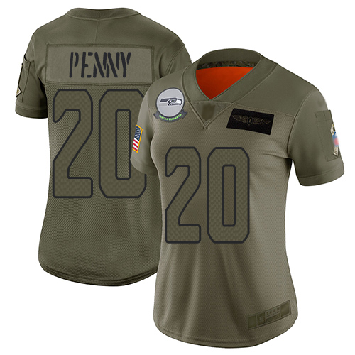 Nike Seahawks #20 Rashaad Penny Camo Women's Stitched NFL Limited 2019 Salute to Service Jersey