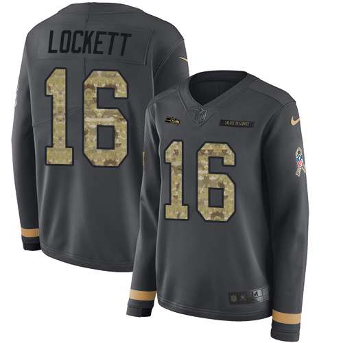 Nike Seahawks #16 Tyler Lockett Anthracite Salute to Service Women's Stitched NFL Limited Therma Long Sleeve Jersey Nike Seahawks #16 Tyler Lockett Anthracite Salute to Service Women's Stitched NFL Limited Therma Long Sleeve Jersey