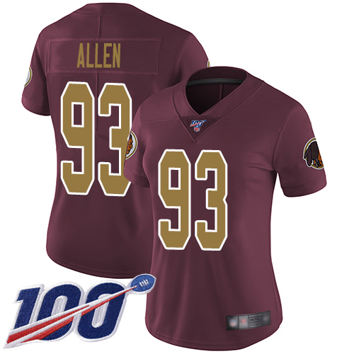 Nike Redskins #93 Jonathan Allen Burgundy Red Alternate Women's Stitched NFL 100th Season Vapor Limited Jersey