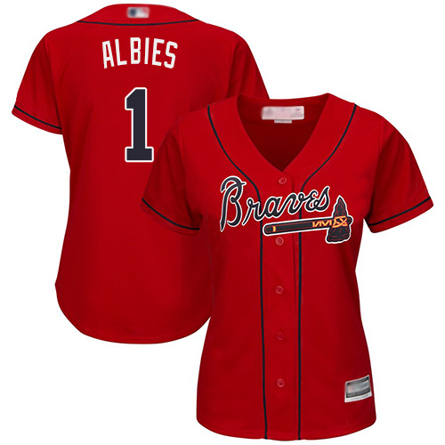 Braves #1 Ozzie Albies Red Alternate Women's Stitched MLB Jersey Braves #1 Ozzie Albies Red Alternate Women's Stitched MLB Jersey