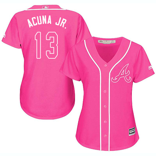 Braves #13 Ronald Acuna Jr. Pink Fashion Women's Stitched MLB Jersey Braves #13 Ronald Acuna Jr. Pink Fashion Women's Stitched MLB Jersey