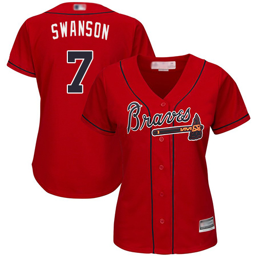 Braves #7 Dansby Swanson Red Alternate Women's Stitched MLB Jersey Braves #7 Dansby Swanson Red Alternate Women's Stitched MLB Jersey