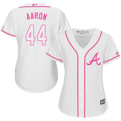 Braves #44 Hank Aaron White/Pink Fashion Women's Stitched MLB Jersey Braves #44 Hank Aaron White/Pink Fashion Women's Stitched MLB Jersey