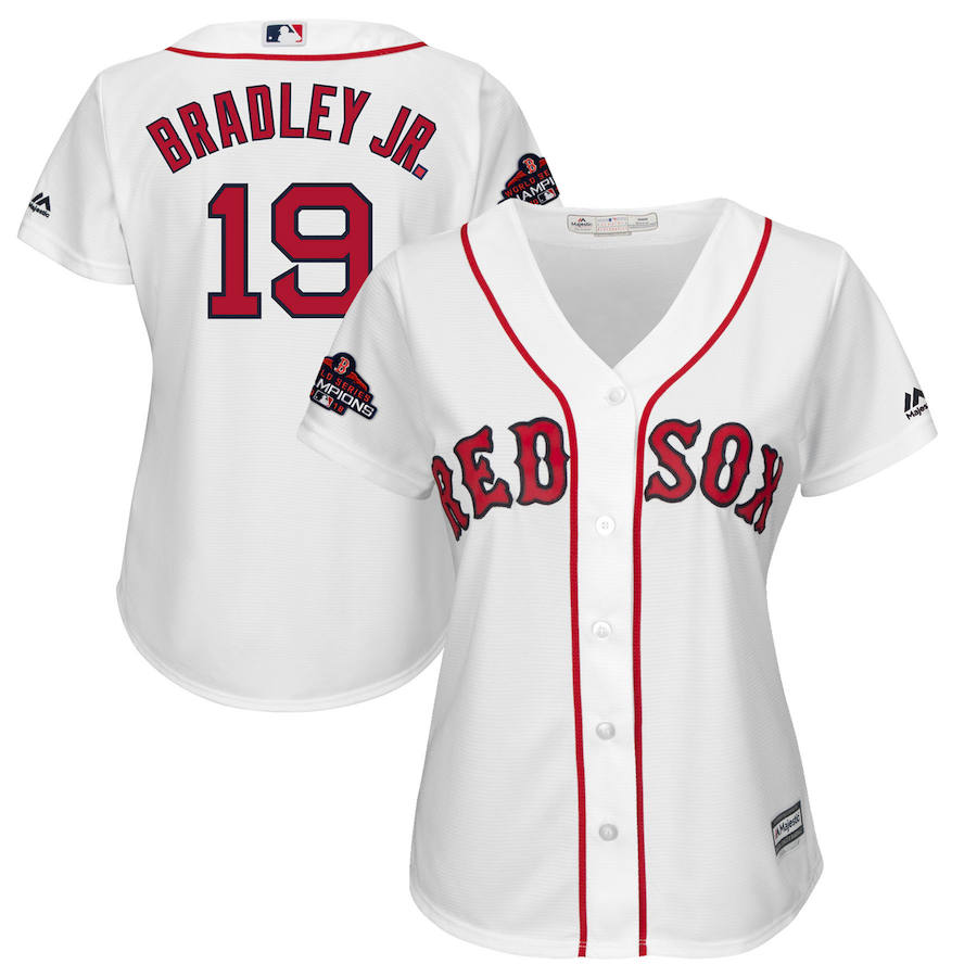 Boston Red Sox #19 Jackie Bradley Jr. Majestic Women's 2018 World Series Champions Team Logo Player Jersey White Boston Red Sox #19 Jackie Bradley Jr. Majestic Women's 2018 World Series Champions Team Logo Player Jersey White