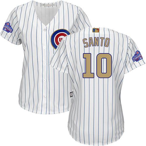 Cubs #10 Ron Santo White(Blue Strip) 2017 Gold Program Cool Base Women's Stitched MLB Jersey Cubs #10 Ron Santo White(Blue Strip) 2017 Gold Program Cool Base Women's Stitched MLB Jersey