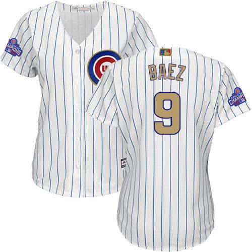 Cubs #9 Javier Baez White(Blue Strip) 2017 Gold Program Cool Base Women's Stitched MLB Jersey Cubs #9 Javier Baez White(Blue Strip) 2017 Gold Program Cool Base Women's Stitched MLB Jersey